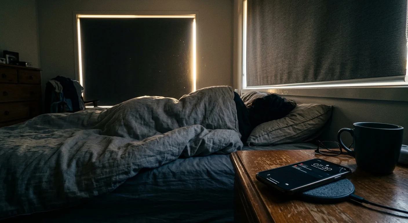 A person sleeps in a dim bedroom beside a nightstand holding a mug and a smartphone displaying 07:30.