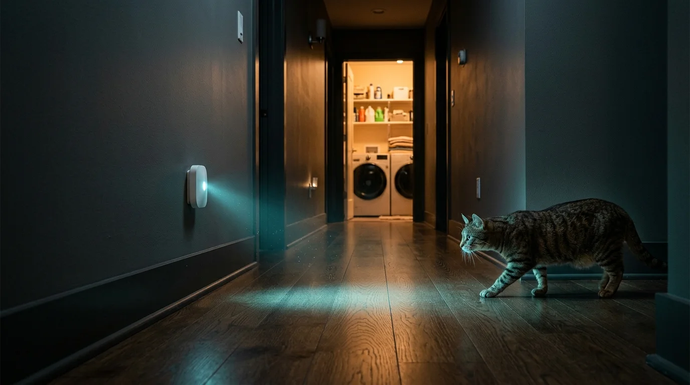 A tabby cat prowls along a dark hallway toward a small wall-mounted sensor projecting a beam of teal light.