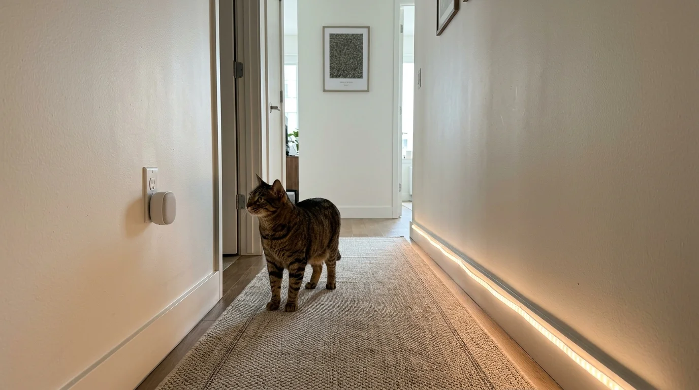 Tabby cat standing in a hallway near a plugged-in wall device and an illuminated LED light strip along the floor baseboard.