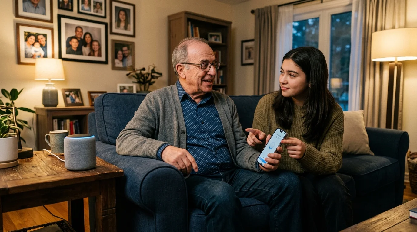 An older man and a young woman sit on a blue couch, looking at a smartphone next to an Amazon Echo speaker on a side table.