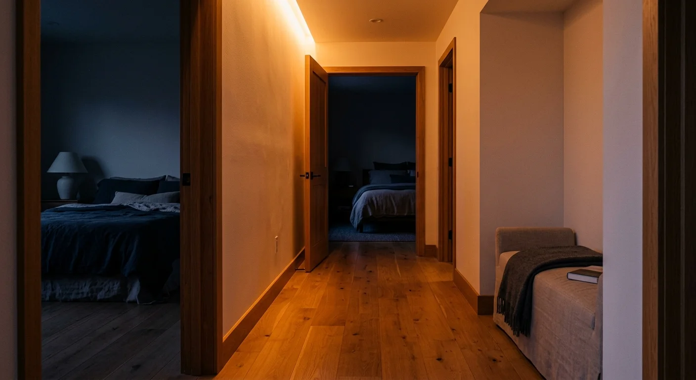 Hallway illuminated with warm amber cove lighting, flanked by dark bedrooms with visible beds.