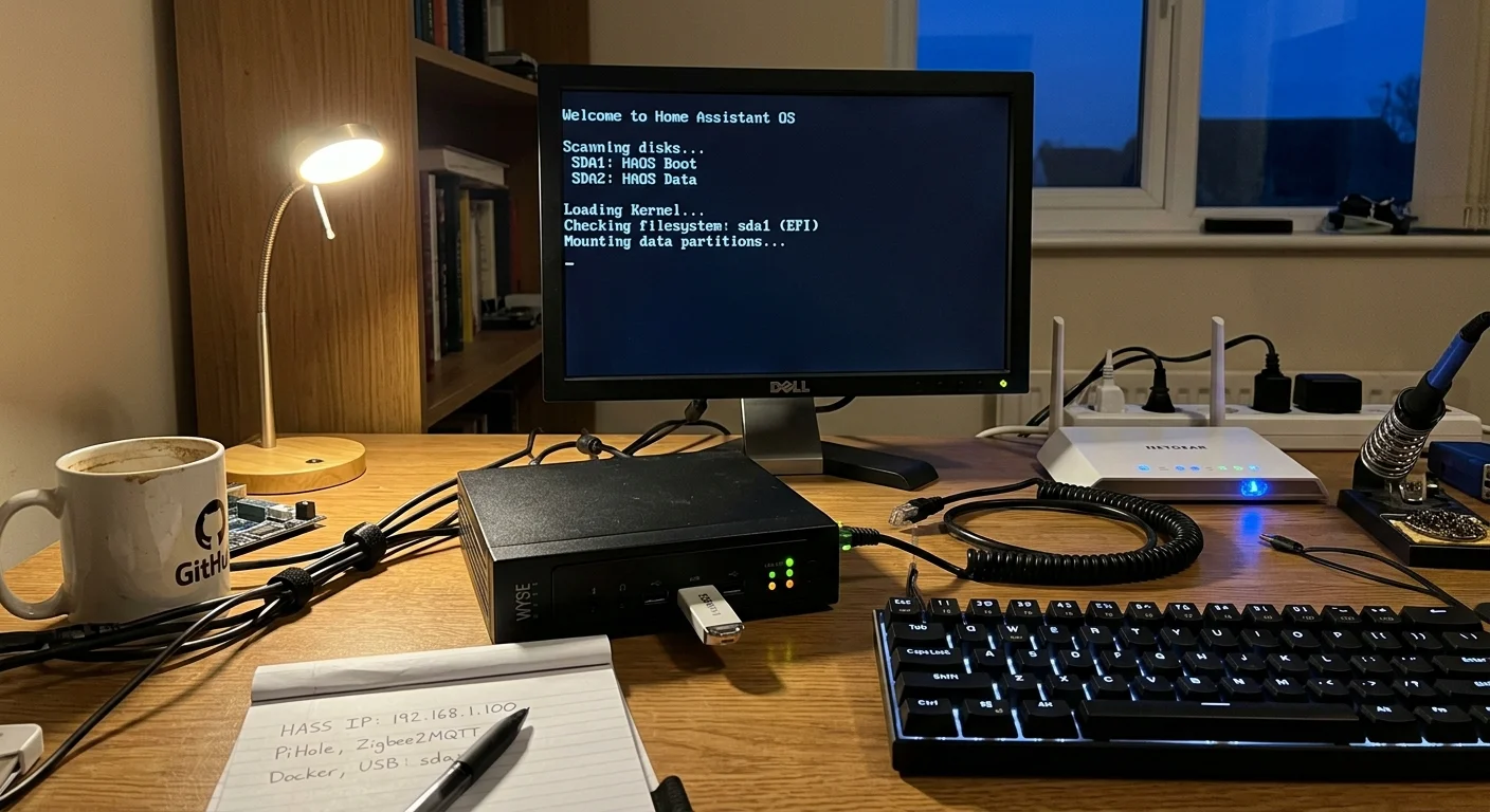 Dell Wyse thin client booting Home Assistant OS on a desk with a monitor, keyboard, router, and notepad.