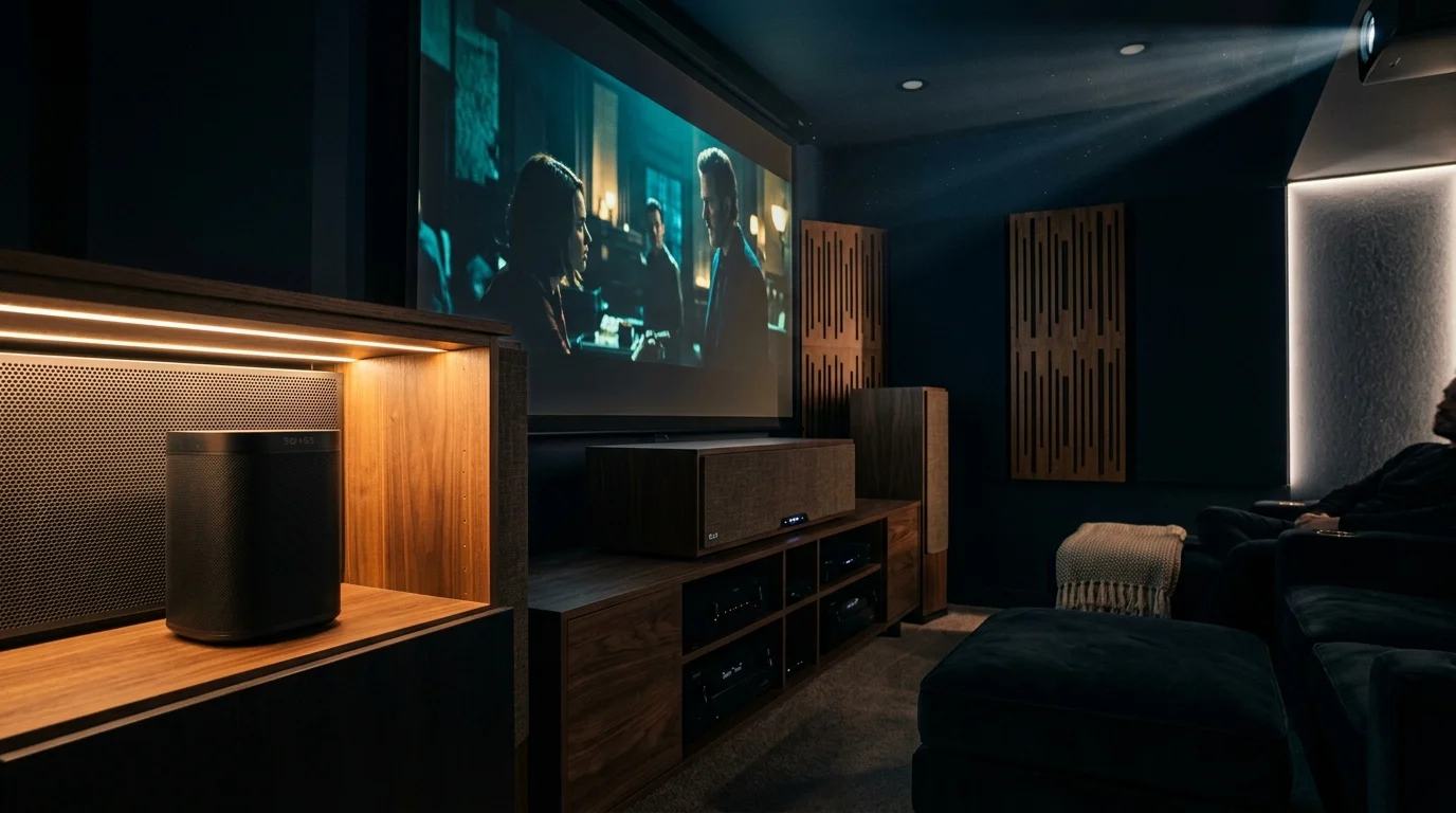 Home theater with a projector screen, wooden console, audio equipment, and a small black smart speaker on a shelf.