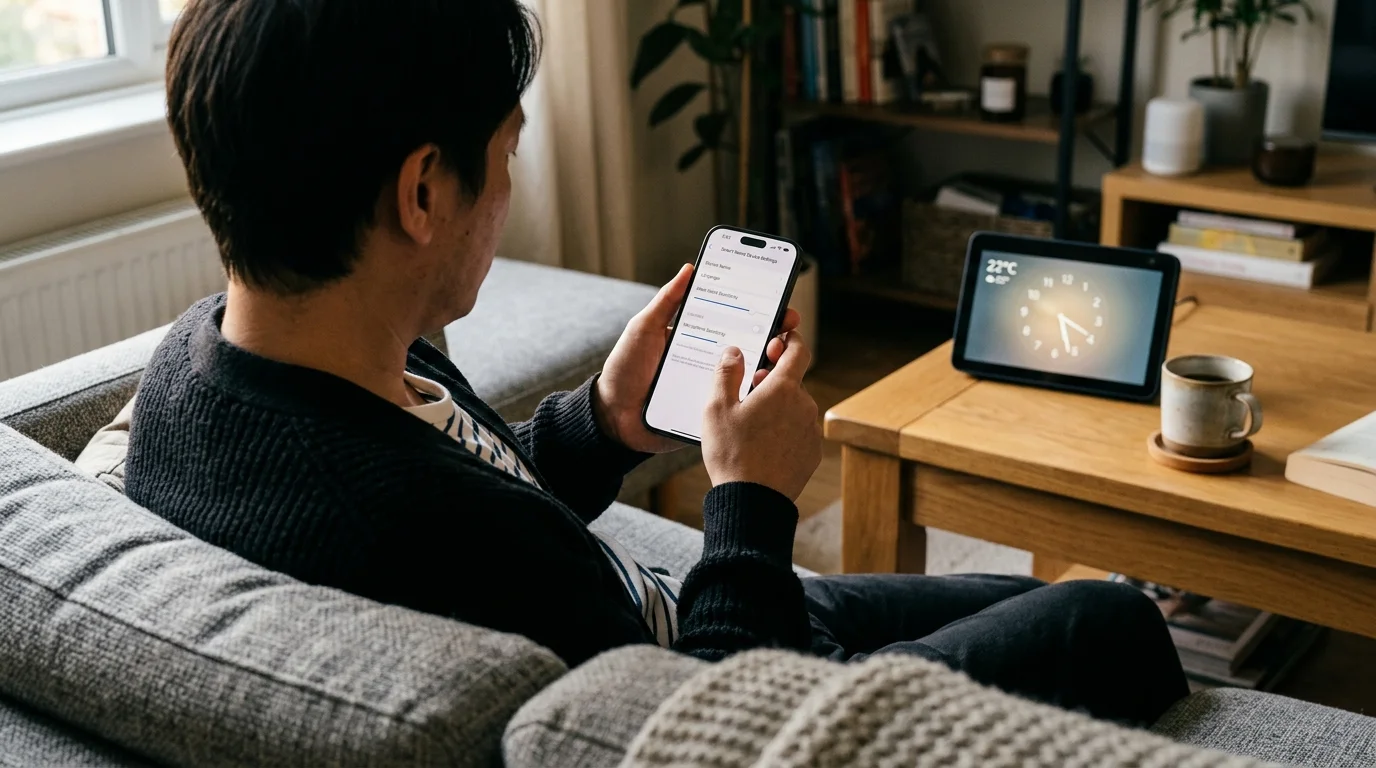 Man sitting on a sofa holding a smartphone with device settings open, near a smart display clock on a wooden table.
