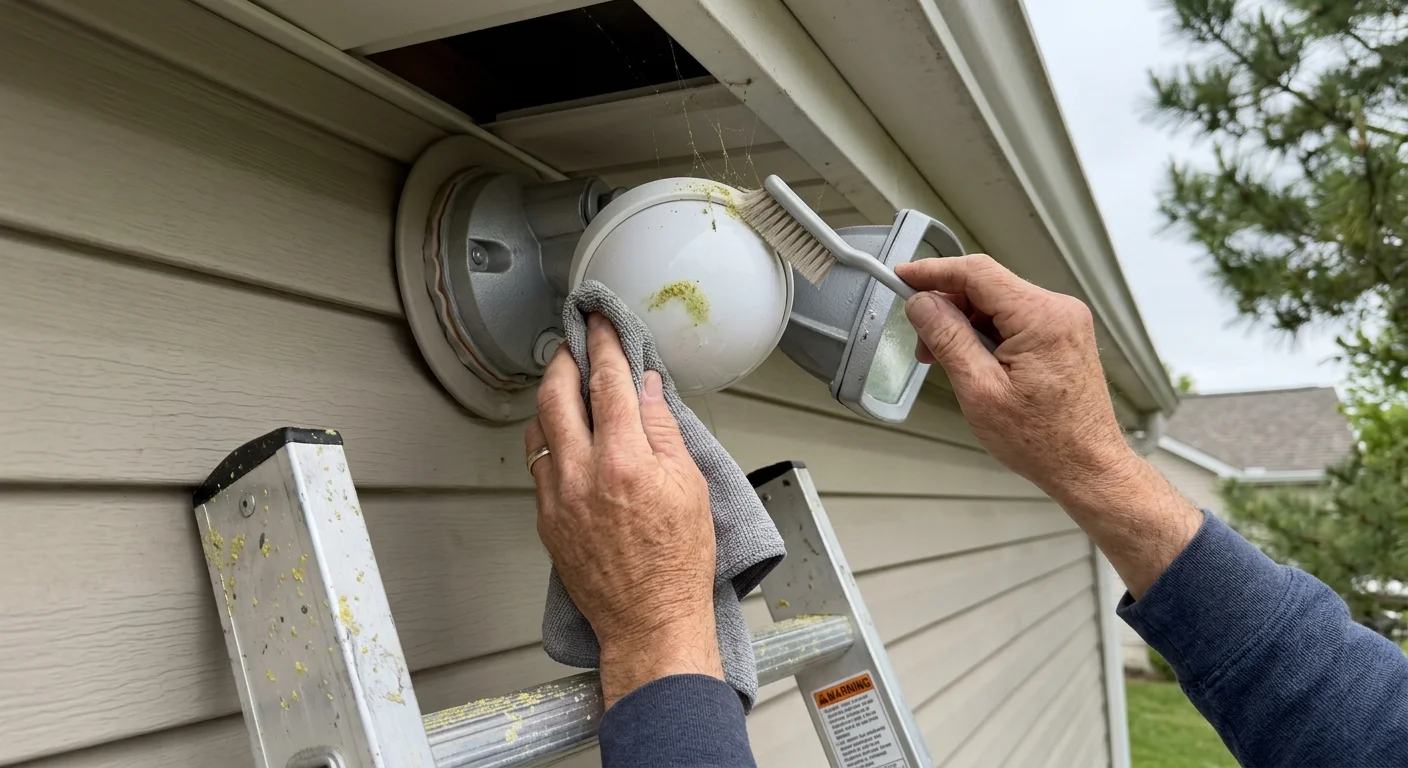 A person on a ladder cleaning cobwebs and pollen off an outdoor floodlight sensor using a brush and cloth.