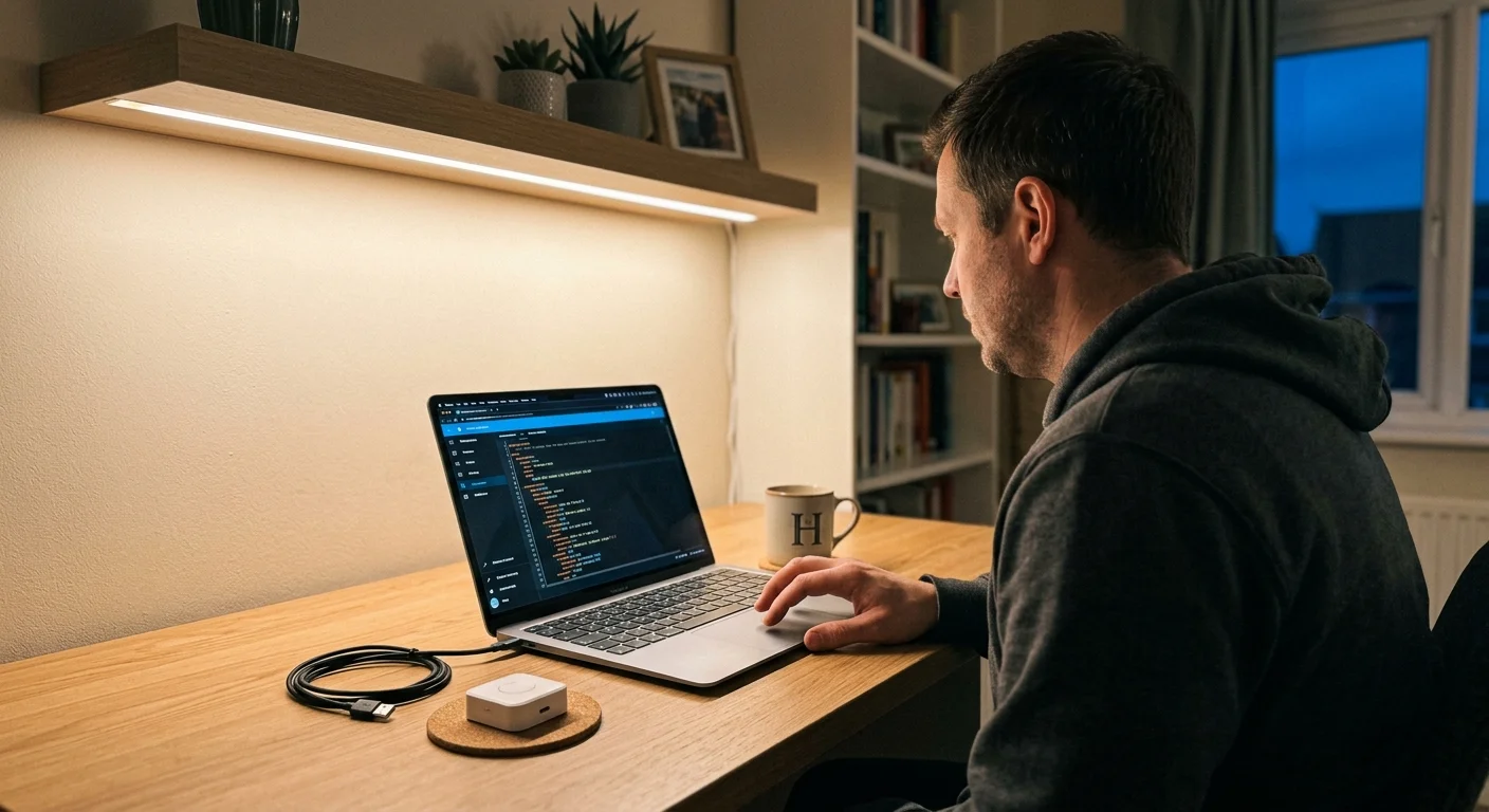 A man coding on a laptop at a wooden desk illuminated by a warm under-shelf light strip, next to a small white device.