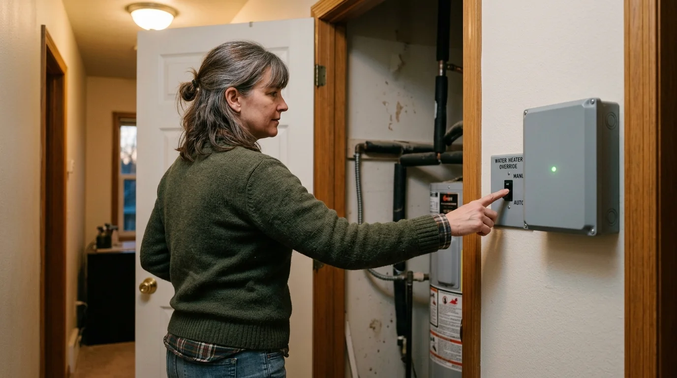 A woman flips a manual override switch on a wall panel beside a utility closet containing a water heater.
