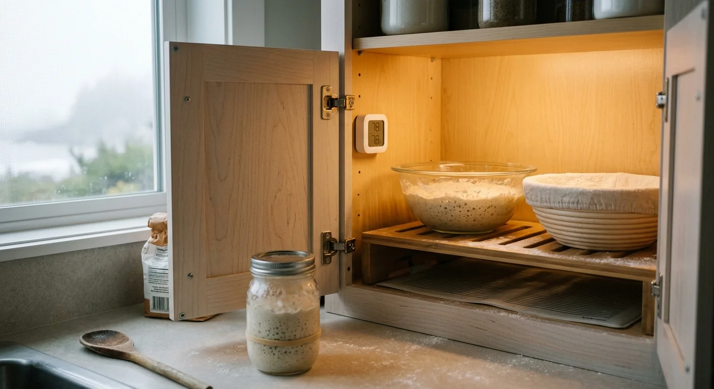 Sourdough starter and proofing dough inside an illuminated wooden cabinet fitted with a digital temperature monitor.