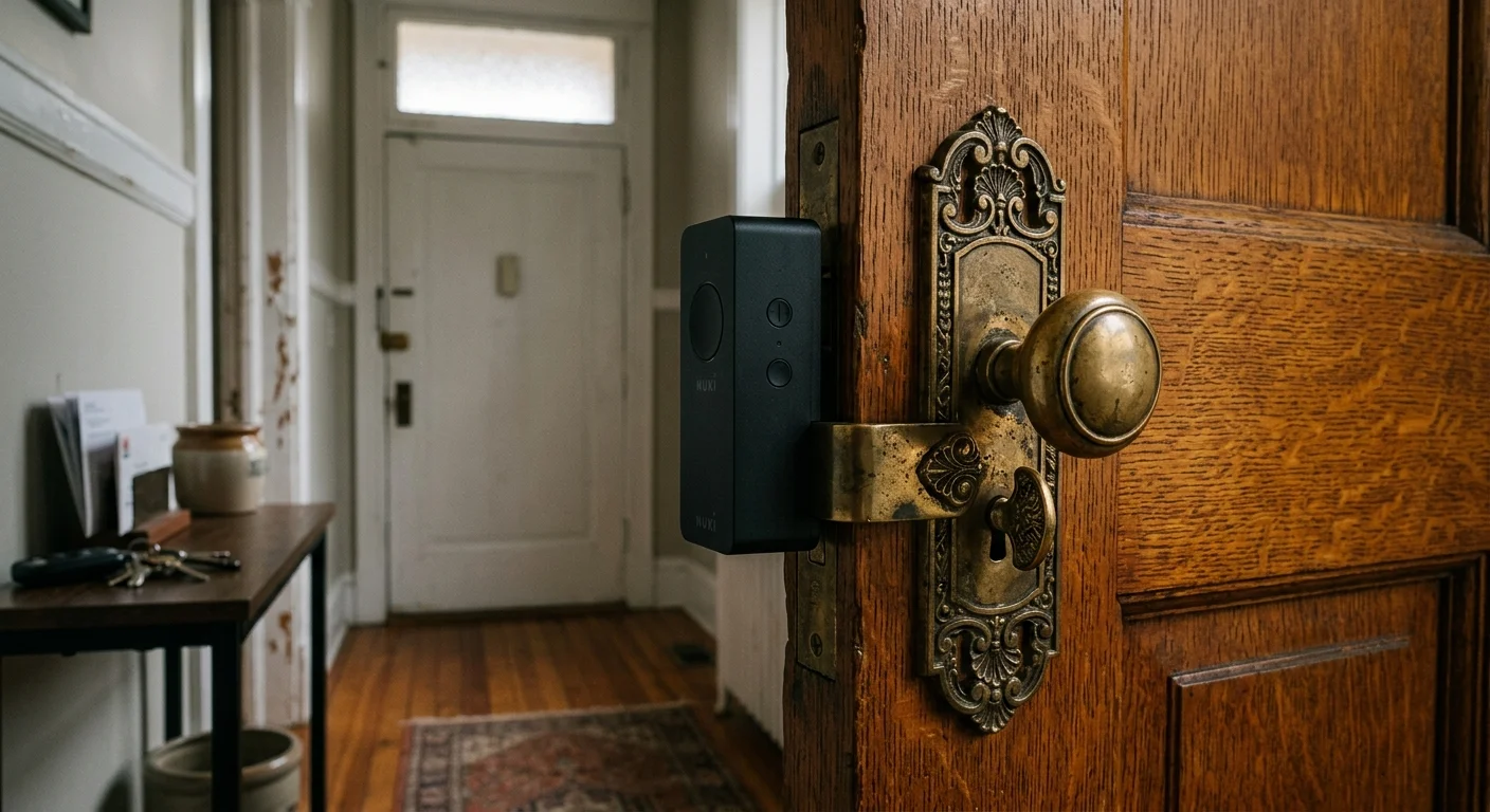 A black smart lock clamped onto the ornate brass mortise hardware of an open wooden door in a hallway.
