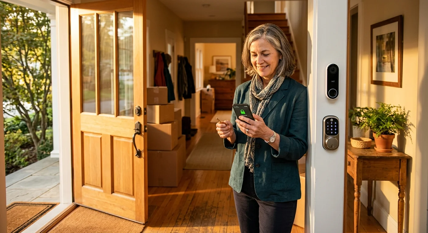A smiling woman holds a smartphone in an open doorway beside a smart lock and a video doorbell, with moving boxes inside.