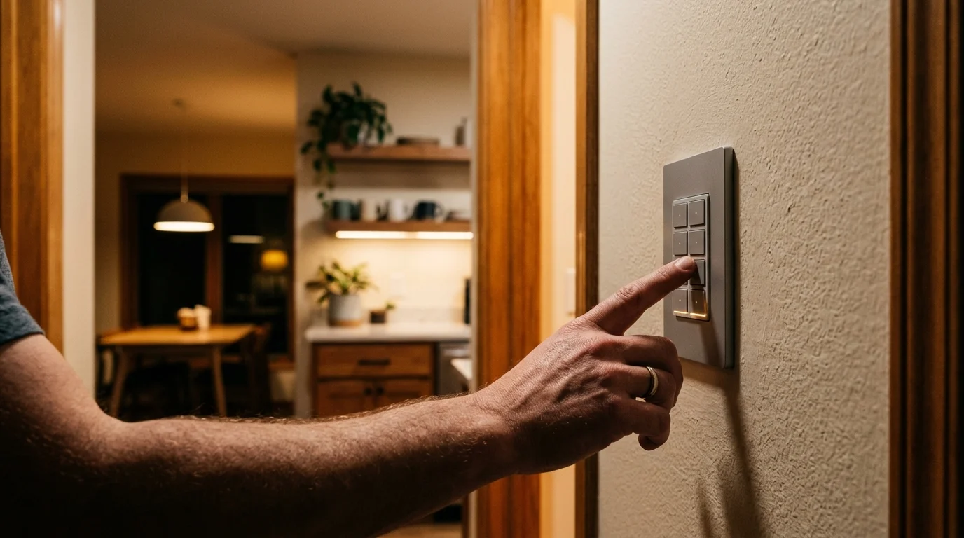 A man's hand pressing a multi-button smart light switch mounted on a home hallway wall.