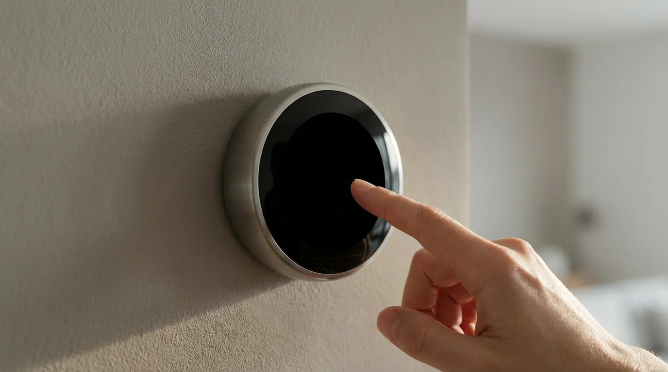A person's finger touches the blank, dark screen of an unresponsive smart thermostat.