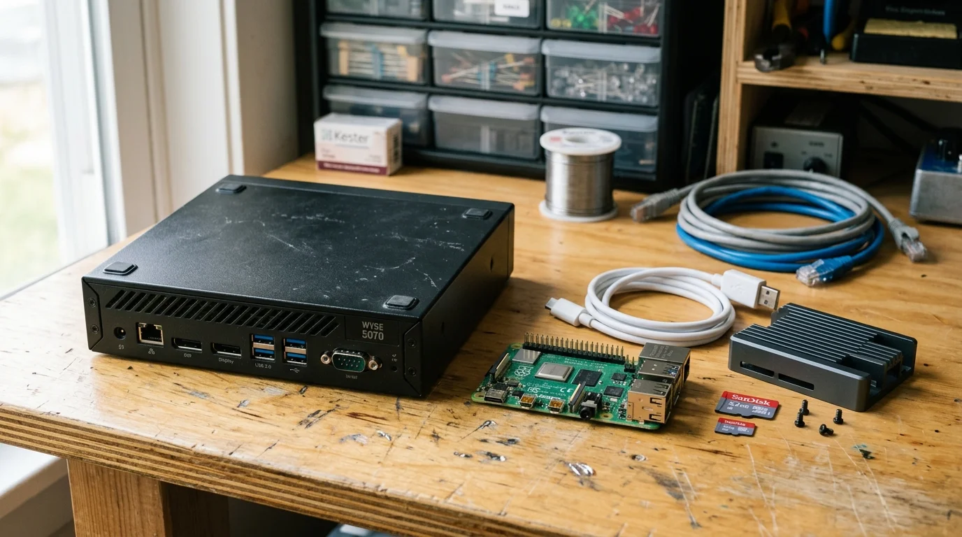 A black Dell Wyse 5070 thin client next to an unassembled Raspberry Pi board, case, and cables on a wooden workbench.