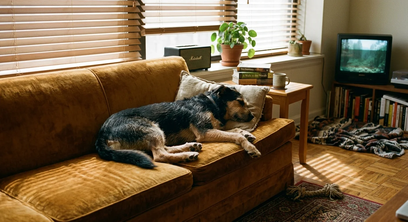 A medium dog sleeps on a brown couch in a sunlit living room beside a window with blinds, plants, and a small TV.