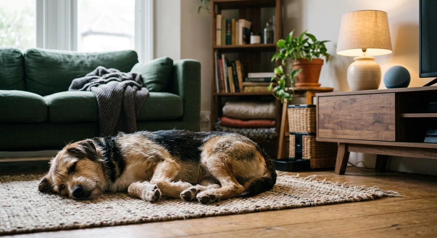 A scruffy dog sleeps on a woven rug on a wooden floor in a cozy living room near a green sofa.