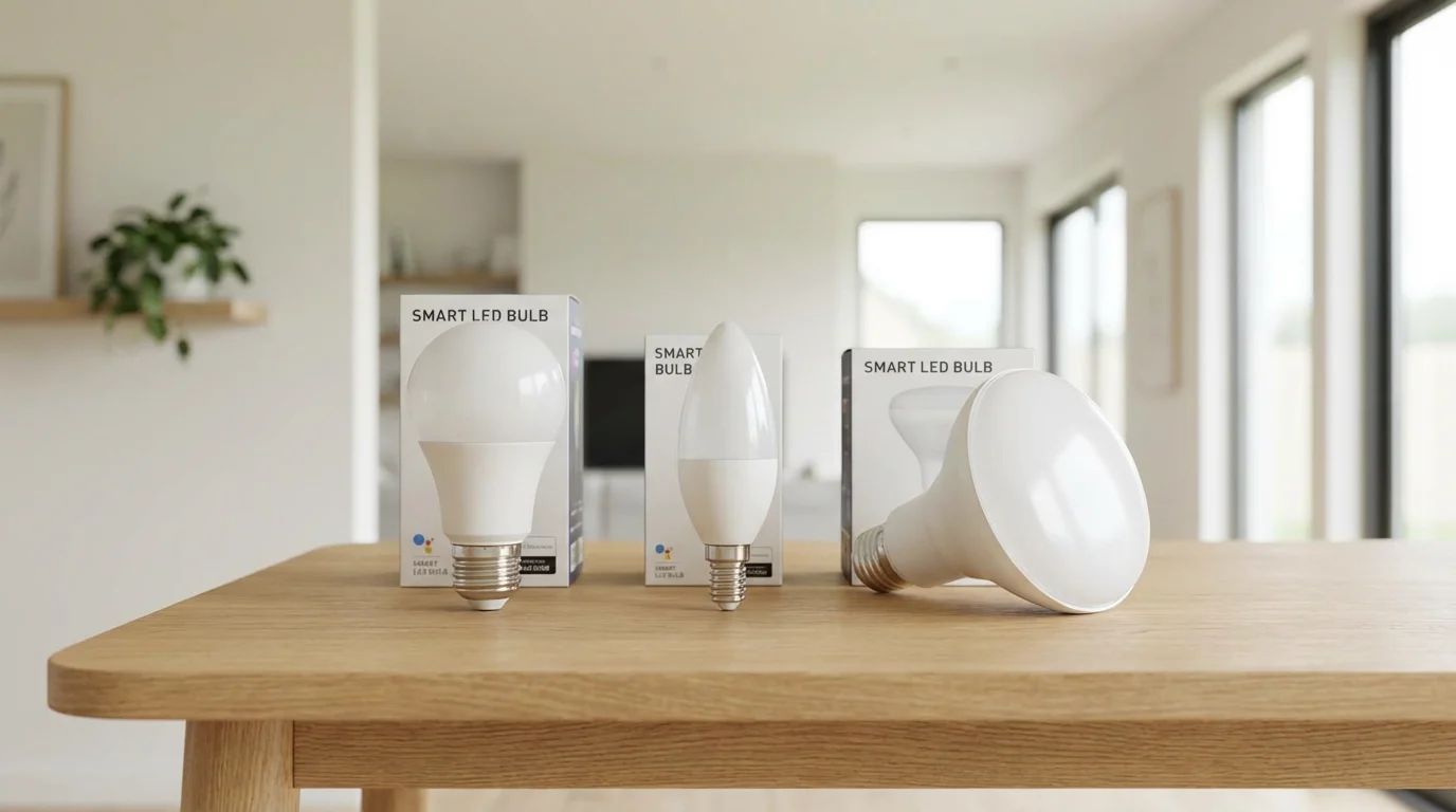 A row of various affordable smart light bulbs on a clean wooden surface.