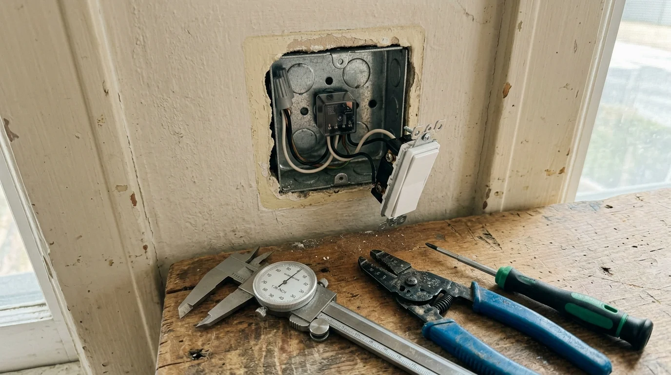Metal electrical box in a wall with exposed wiring and switch, beside calipers, pliers, and a screwdriver on a wooden ledge.