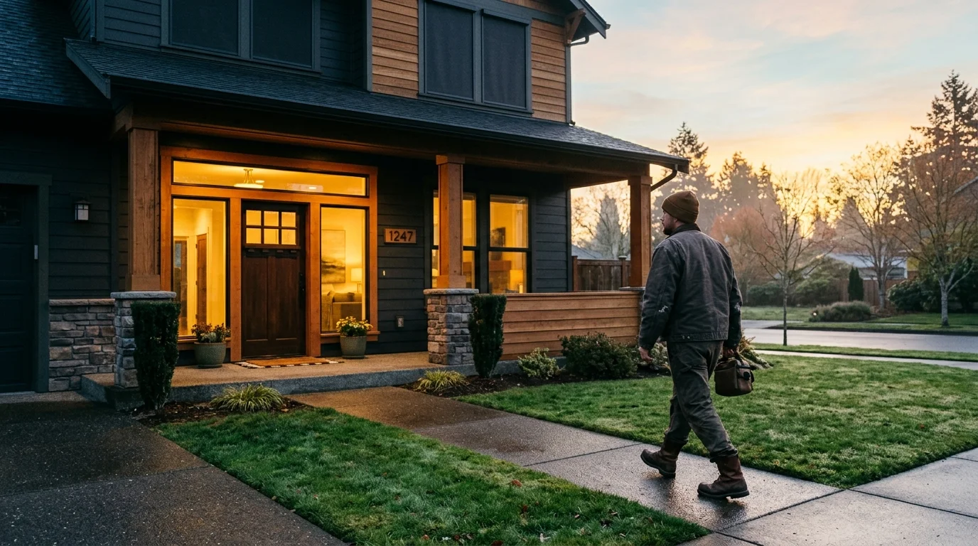 A worker in a winter jacket and boots carries a bag while walking down the front walkway of a house at dawn.