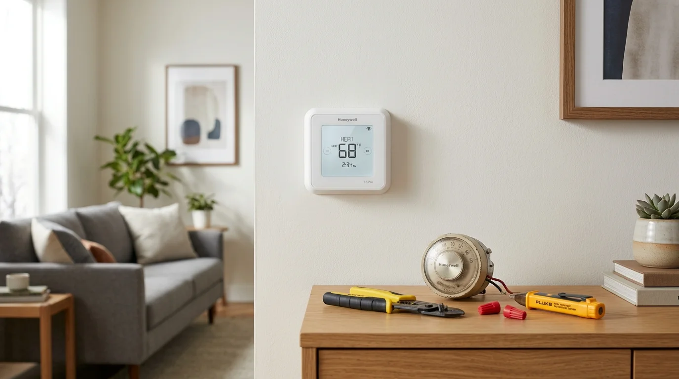 A digital thermostat on a wall above a table with an old dial thermostat, wire strippers, and a voltage tester.