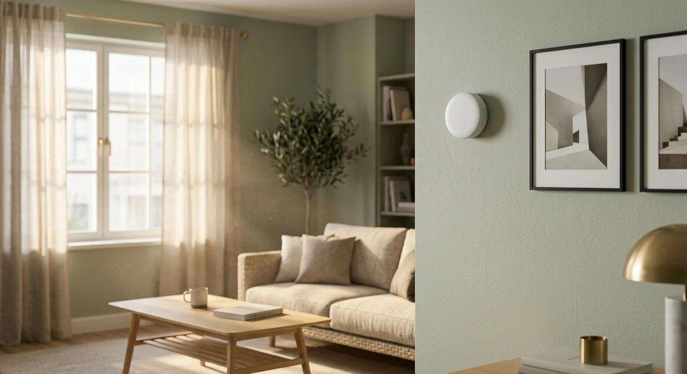 Split view of a sunlit living room with a sofa and a round smart sensor mounted on a sage green wall near framed art.