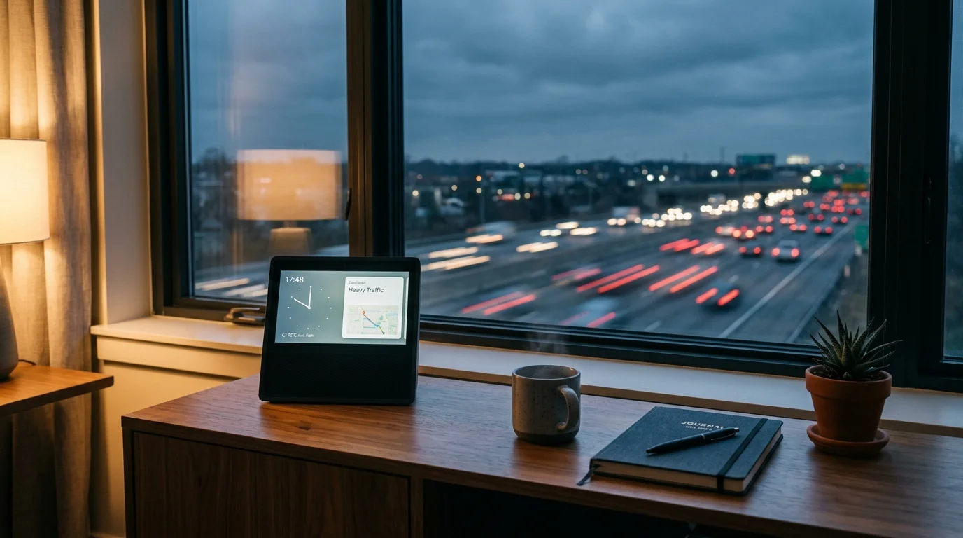 Smart display on a wooden desk beside a window overlooking heavy highway traffic at dusk.