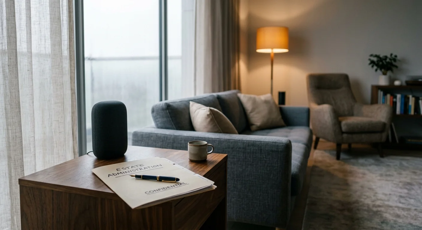 Smart speaker on a wooden side table next to an estate administration folder and pen in a modern living room.