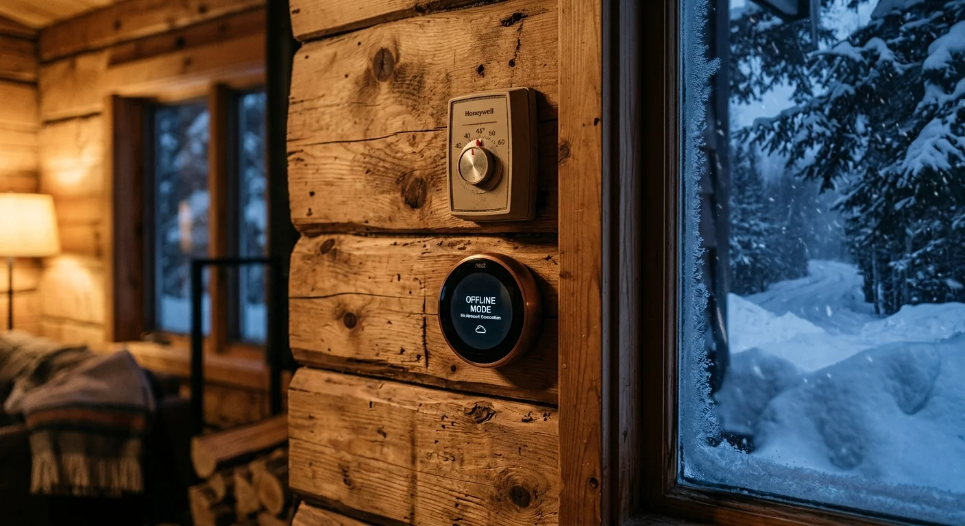 Analog thermostat mounted above an offline smart thermostat on a log cabin wall beside a snow-covered window.