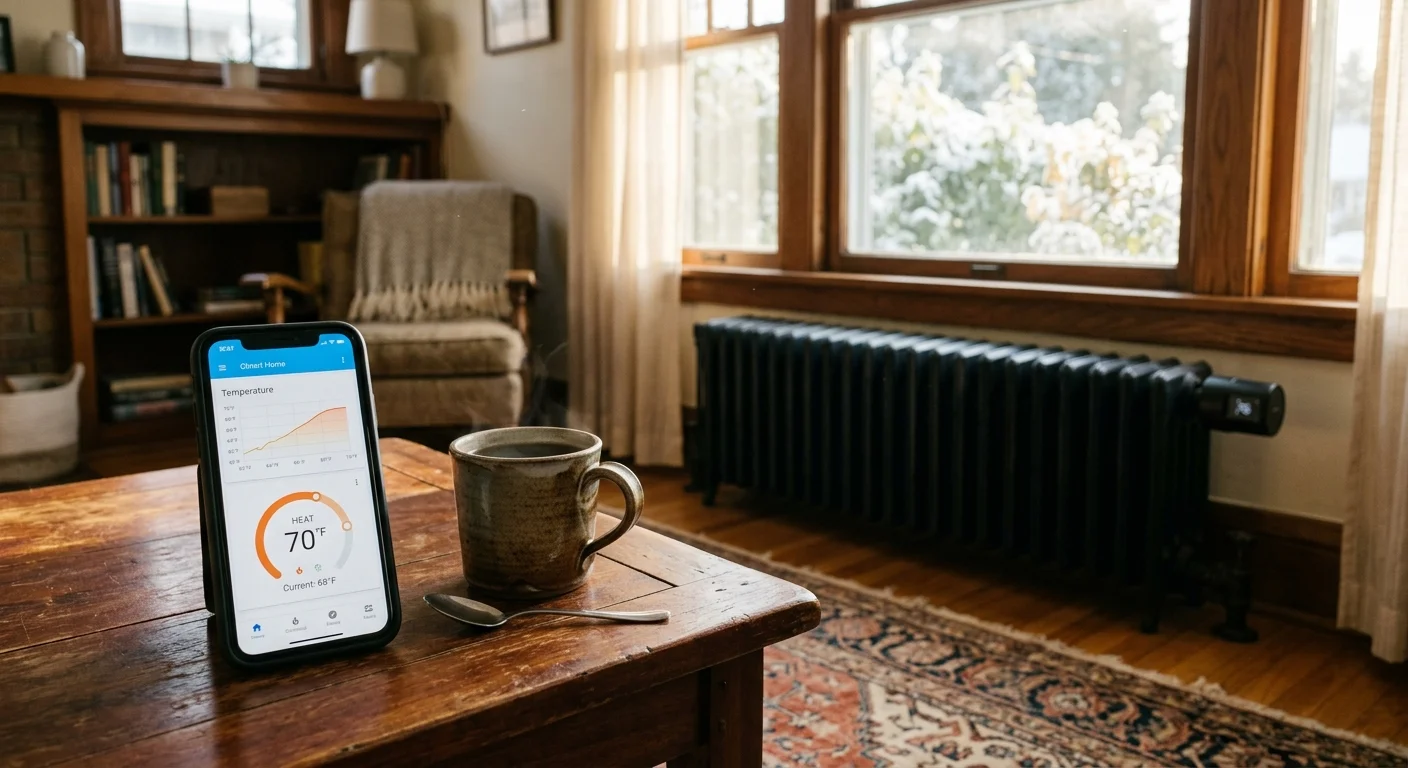 Smartphone with heating app and mug on a wooden coffee table in front of a black cast-iron radiator beneath a window.