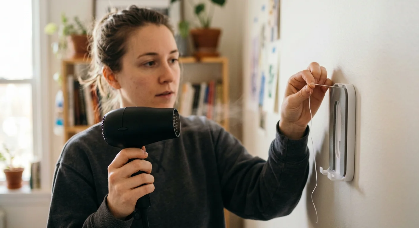 A woman heats a wall-mounted bracket with a black hair dryer while sliding dental floss behind it.