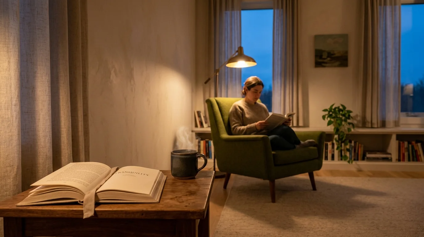 Person reading in a green armchair under a warm floor lamp beside an open book and steaming mug on a table.