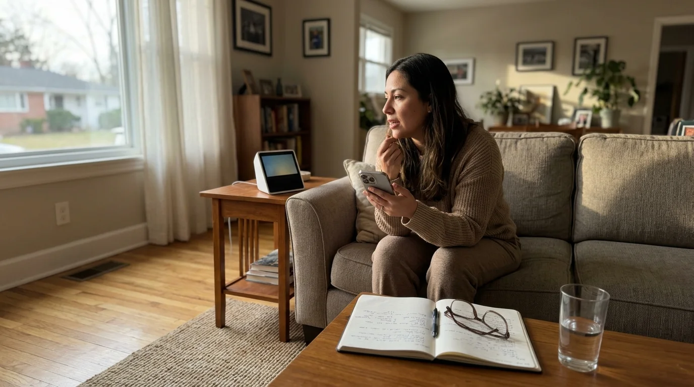 A woman sits on a living room sofa holding a smartphone near a smart display on a side table.