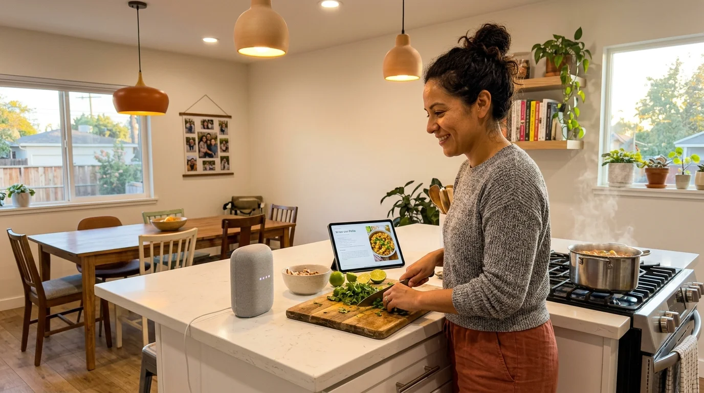 A smiling woman chops vegetables on a kitchen island beside a tablet displaying a recipe and a smart speaker.