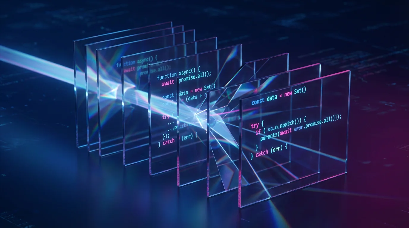 Abstract 3D glass panels filtering a light beam, representing conditional logic and code.