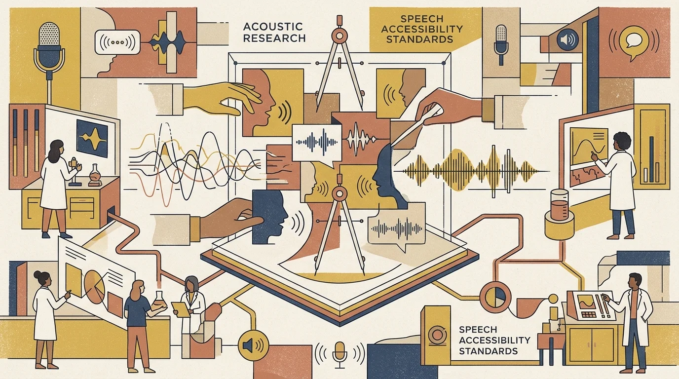 Illustration of researchers studying sound waves and speech profiles surrounding drafting compasses and diagrams.