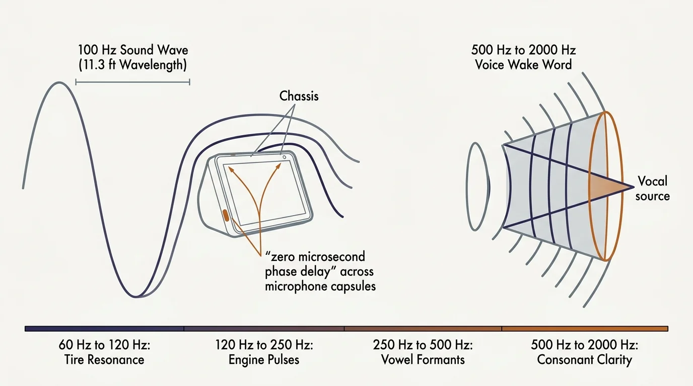 Diagram comparing a 100 Hz sound wave wrapping around a smart display chassis to incoming voice wake word frequencies.