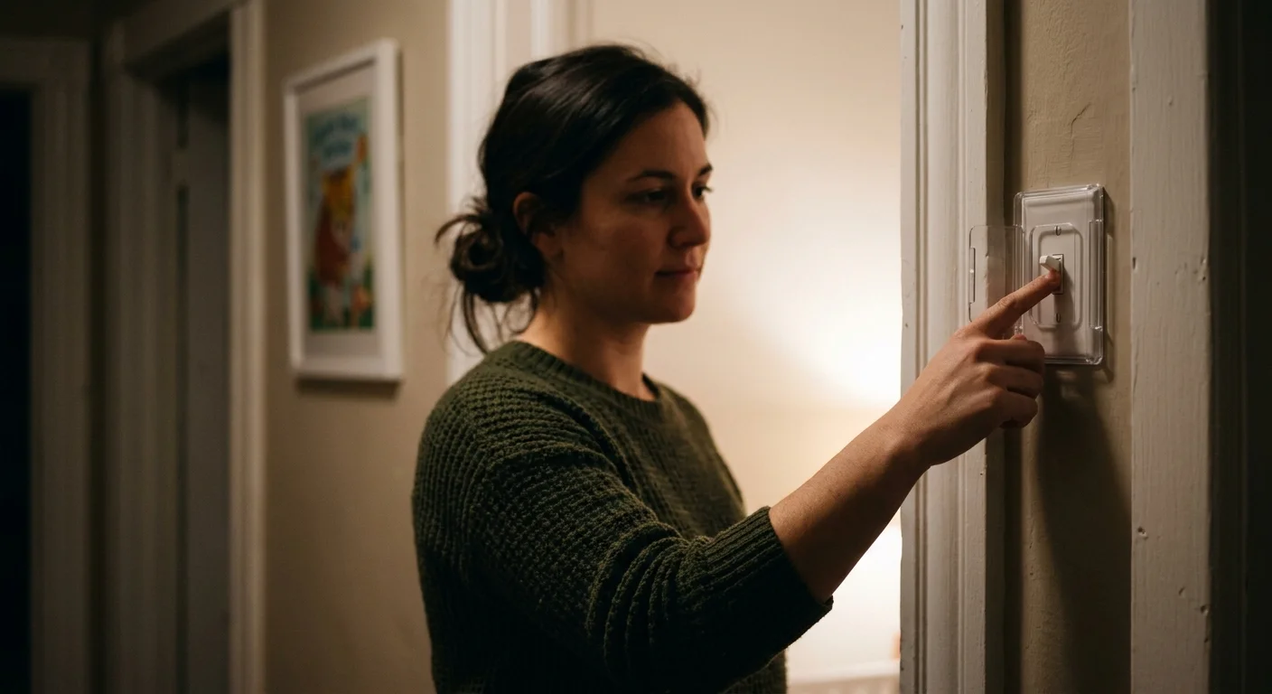 A woman flips a light switch protected by a clear plastic childproof shield in a hallway.