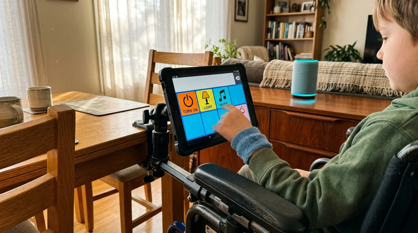 A child using a wheelchair presses an icon on a mounted tablet screen near a glowing smart speaker.