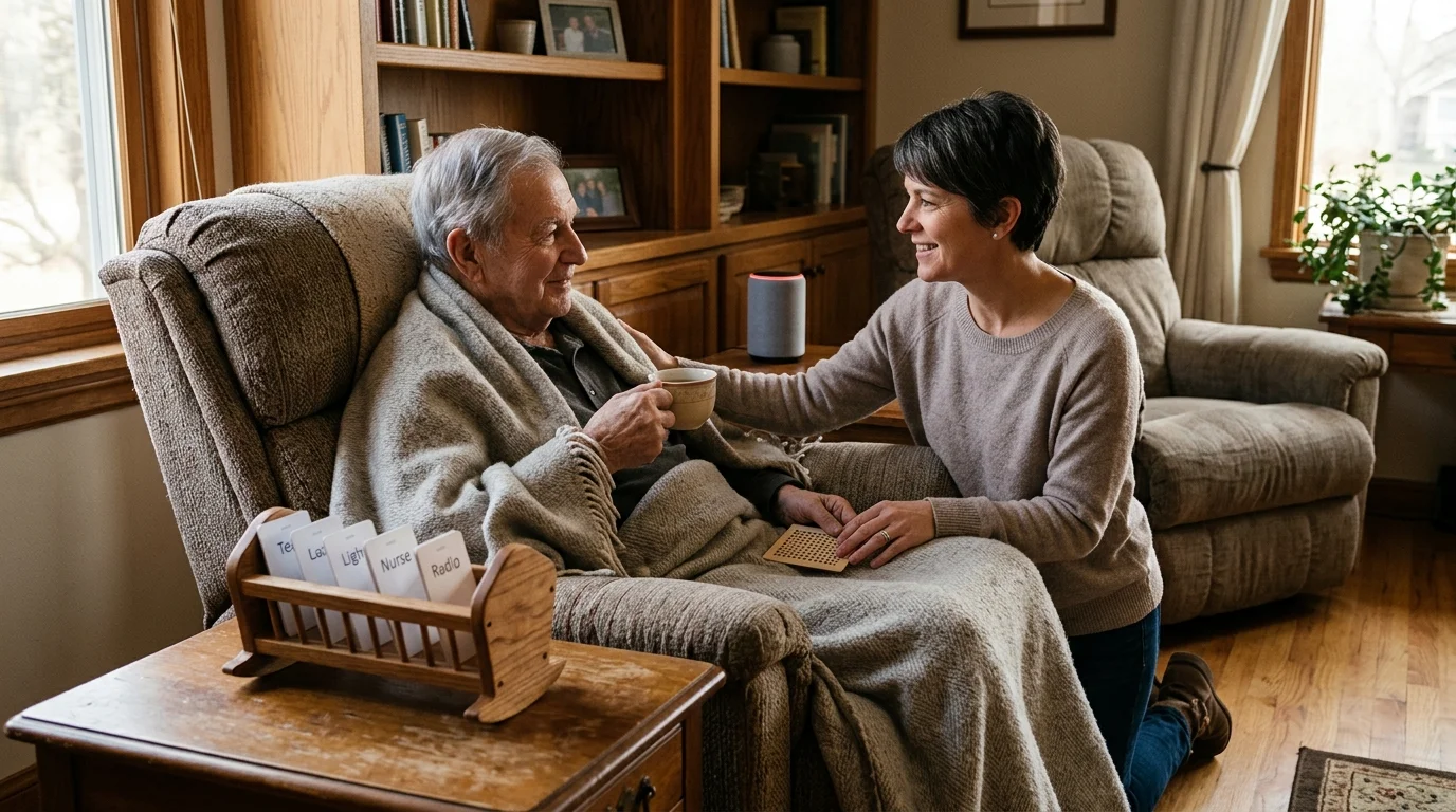 A woman kneels beside an elderly man in an armchair near cue cards, with a smart speaker visible behind them.
