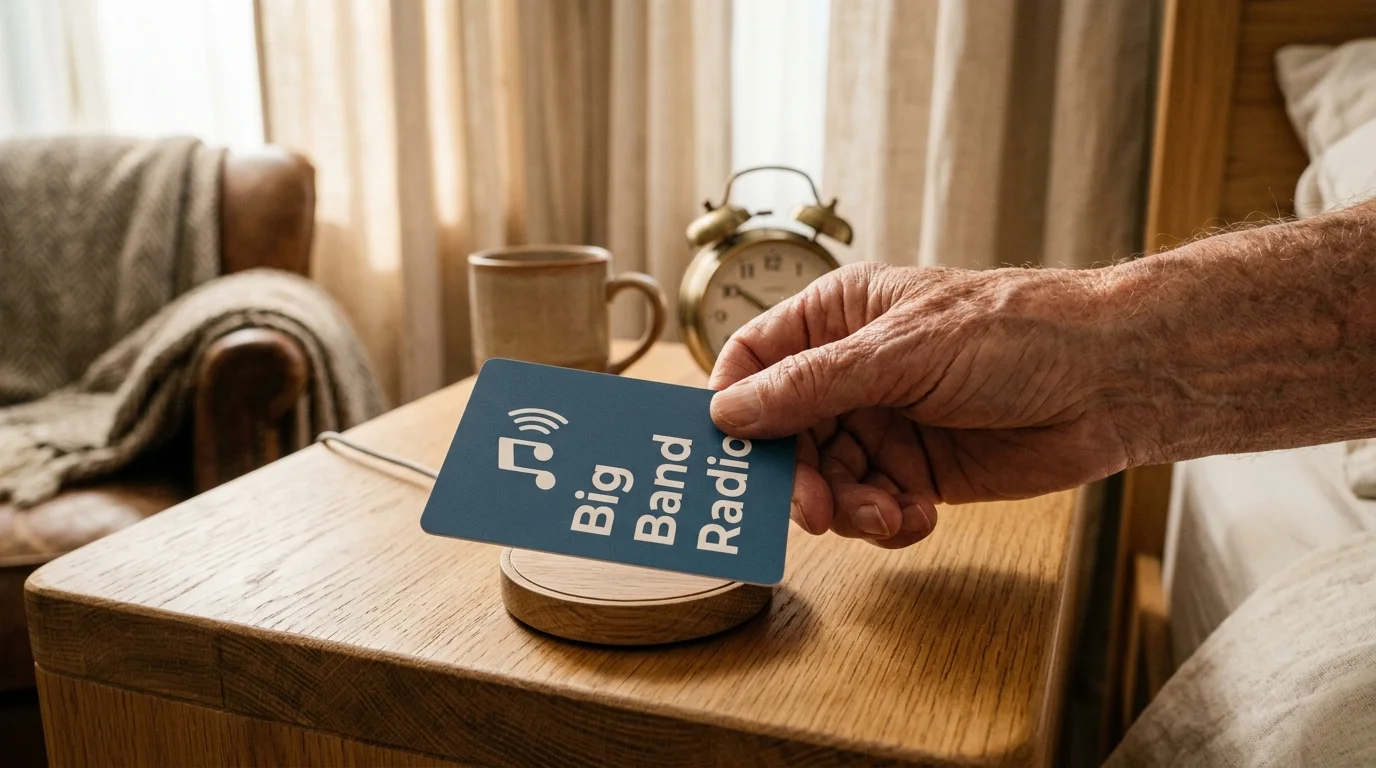 An elderly hand taps a blue card labeled "Big Band Radio" onto a circular wooden sensor on a nightstand.