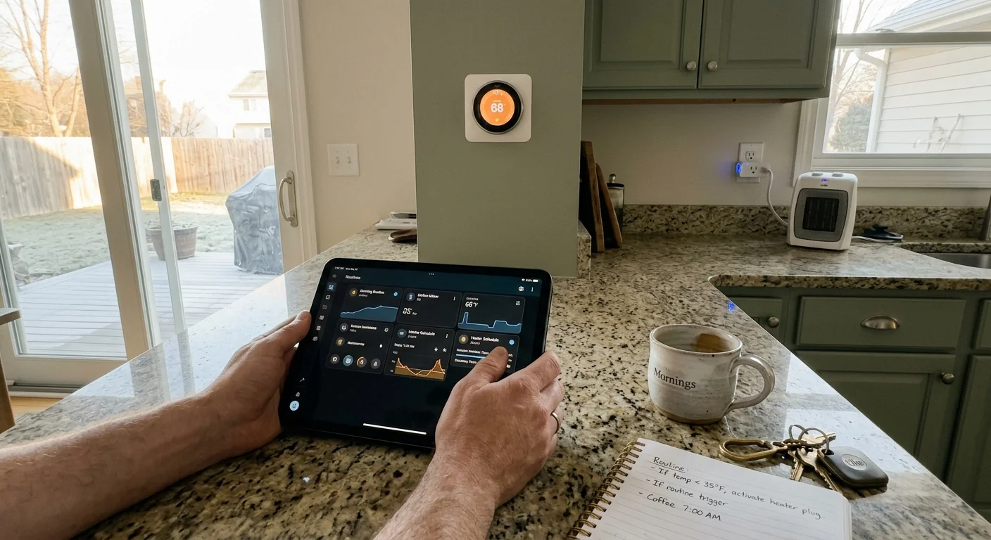 Person holding a tablet displaying home automation controls on a kitchen counter near a wall thermostat and space heater.