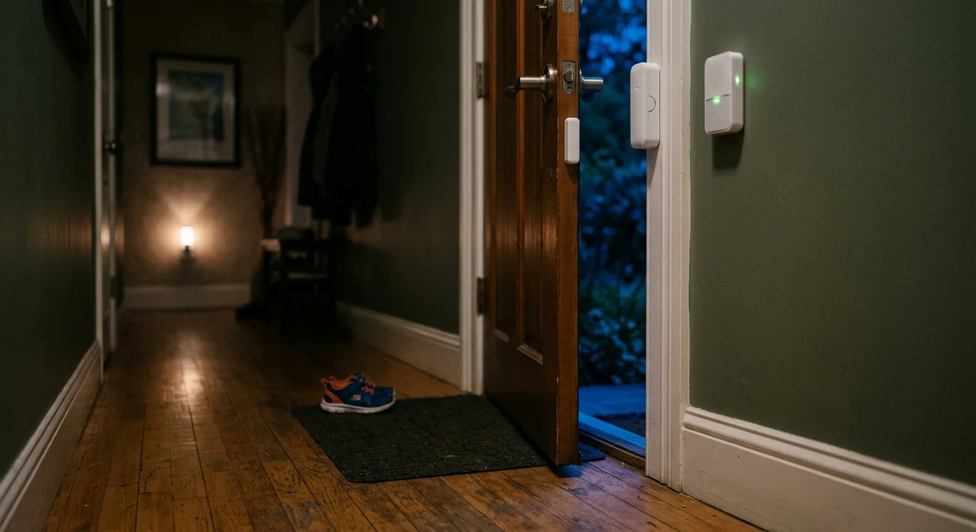 Open wooden front door in a dimly lit hallway with mounted white sensors and a door chime alert device.