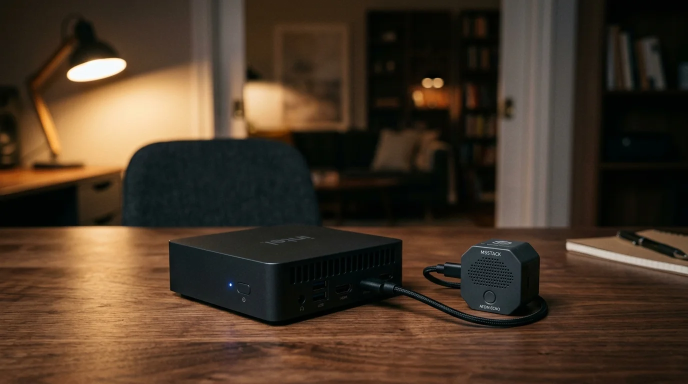 A black mini-PC connected via a braided cable to a small hexagonal speaker satellite on a wooden desk.