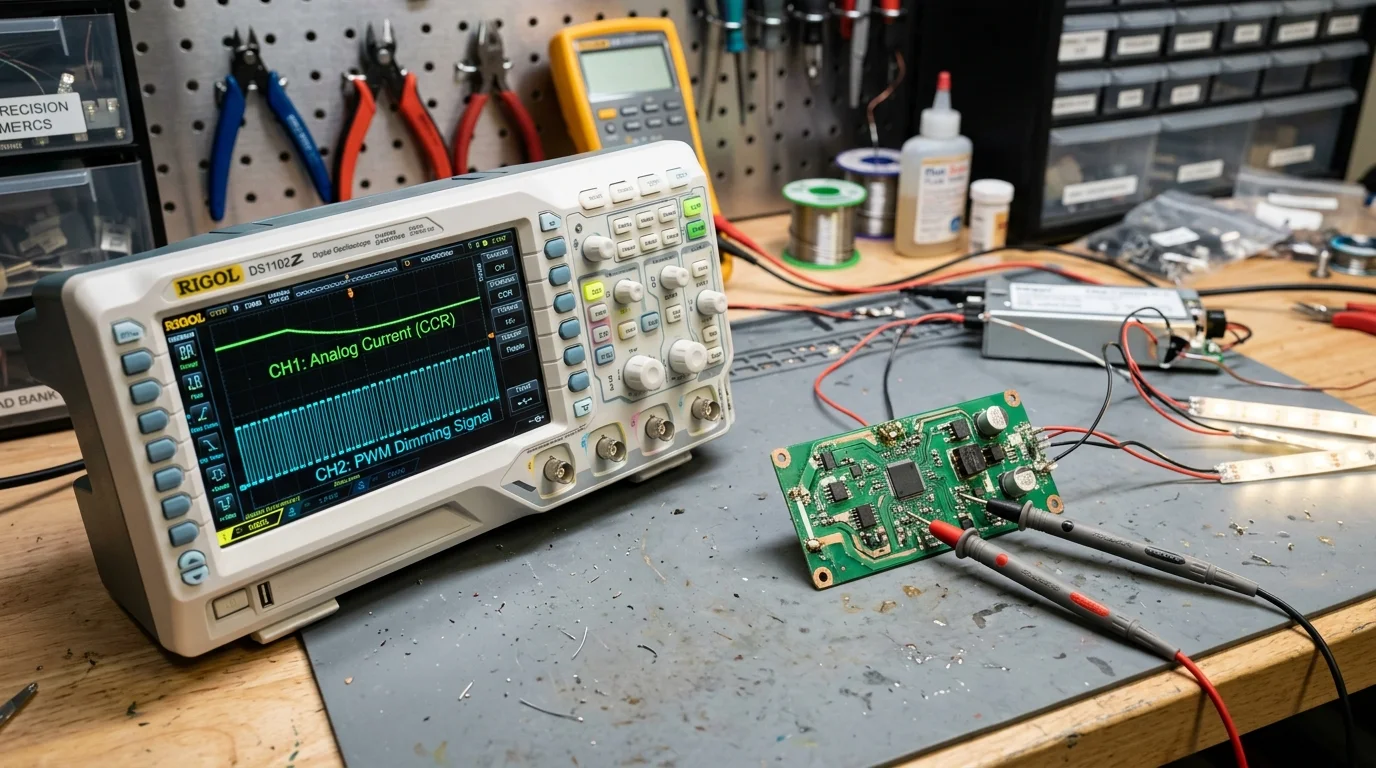 Oscilloscope displaying CCR and PWM waveforms wired to a circuit board and LED strips on an electronics workbench.
