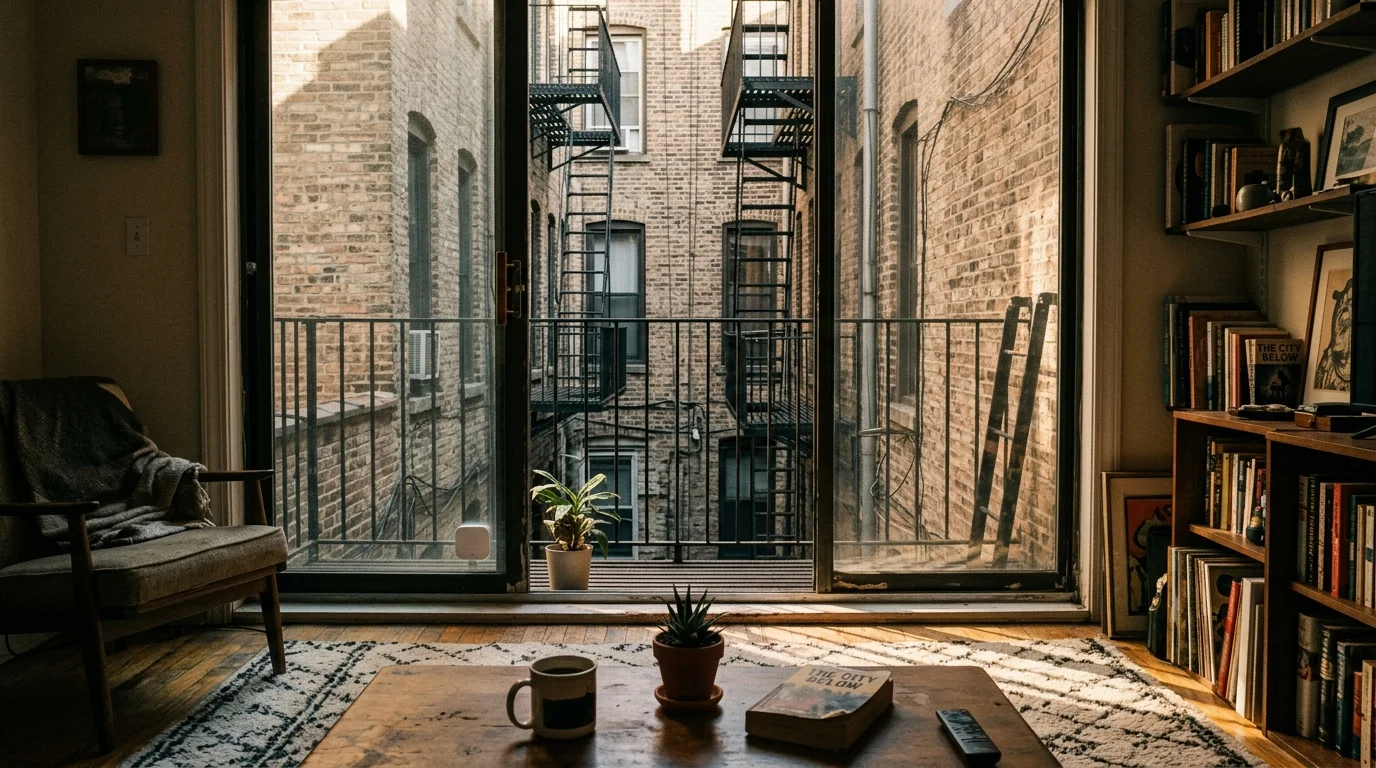 Sliding glass door in an apartment living room opening onto a narrow brick alleyway with fire escapes.