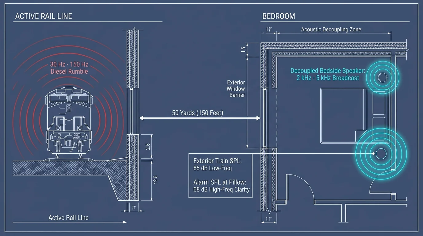 Architectural diagram showing sound waves traveling 50 yards from an active rail line train to a bedroom layout.
