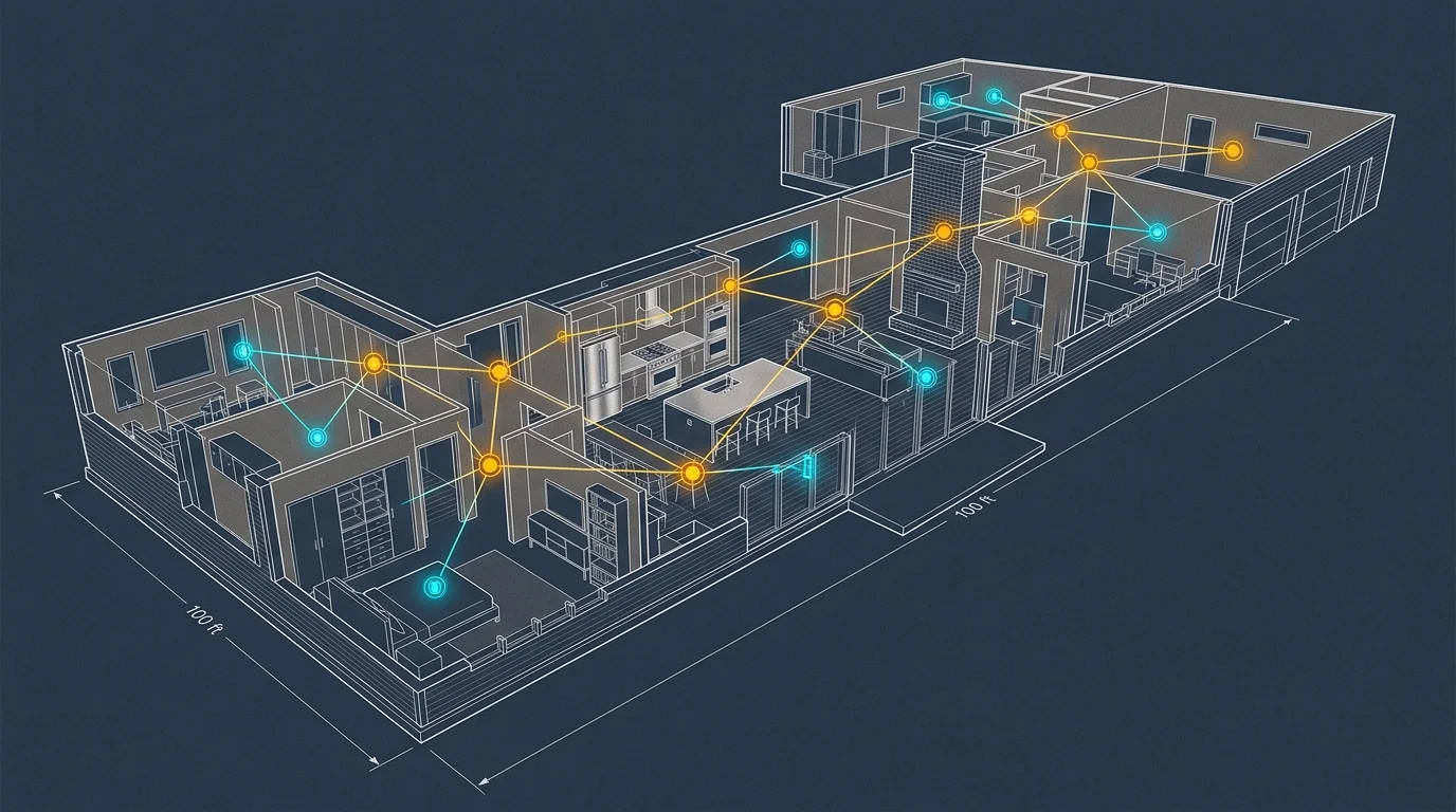 Cutaway architectural floor plan illustration showing a network of orange and cyan wireless nodes connected by mesh lines.