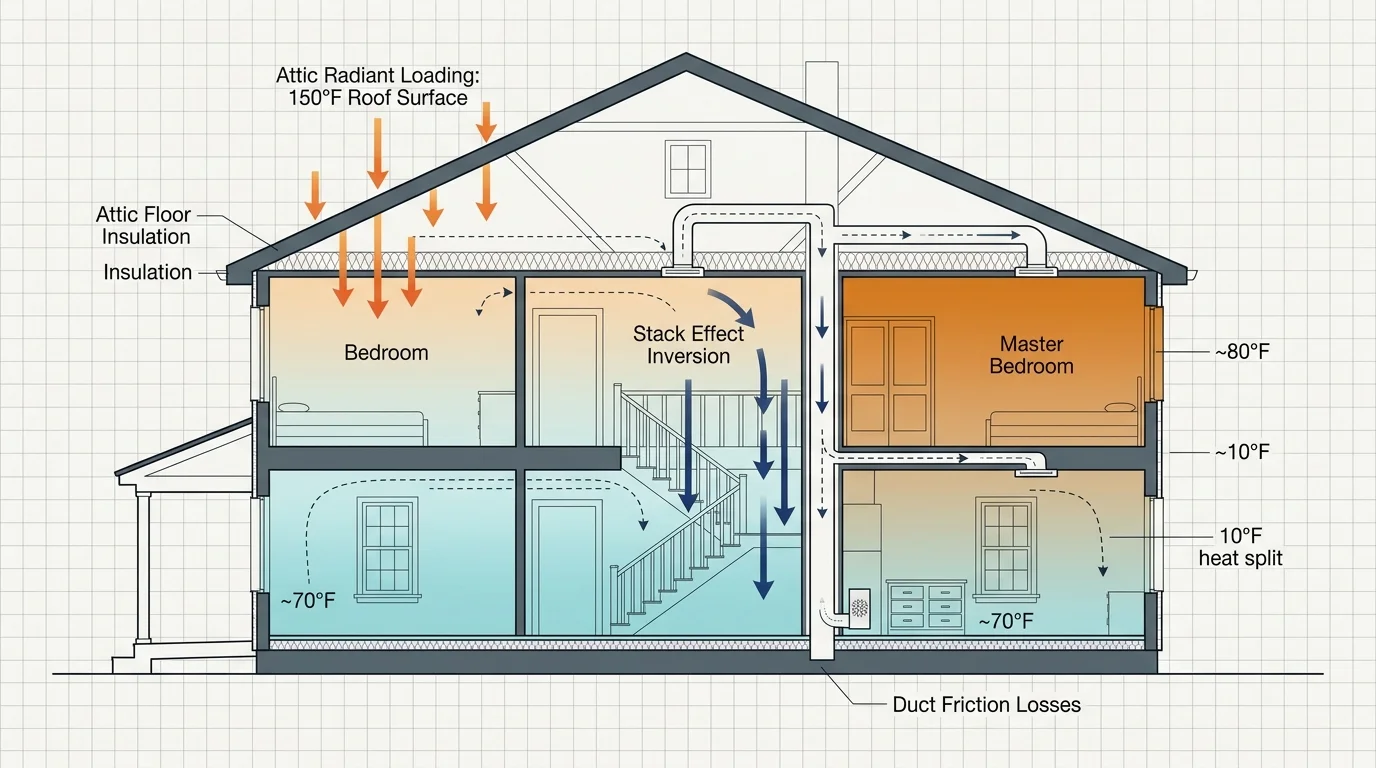 Cross-section diagram of a two-story home illustrating attic radiant loading, HVAC duct friction losses, and stack effect.