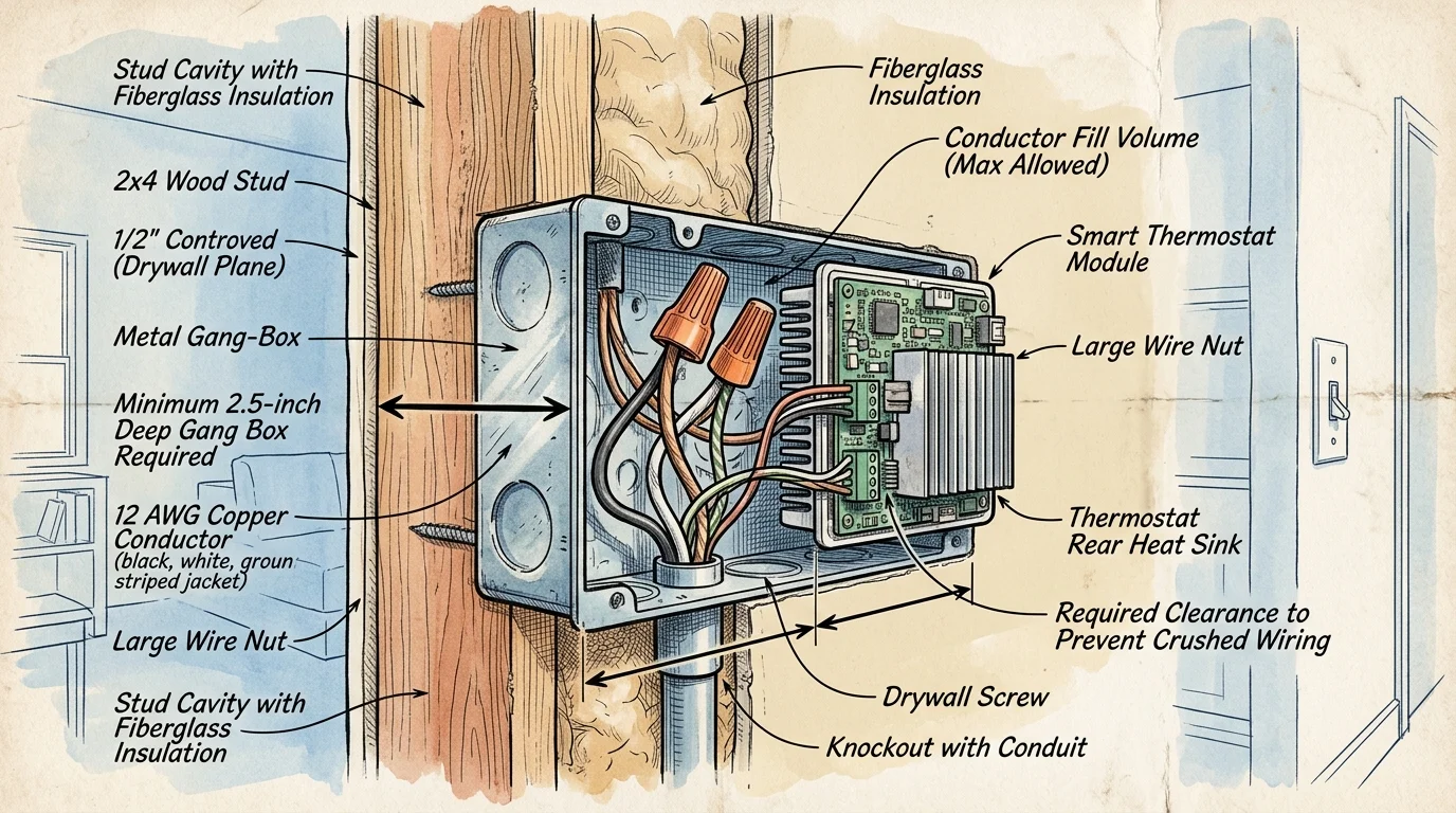 Diagram of a smart thermostat module, wiring, and heat sink installed inside a metal gang box mounted to a wall stud.