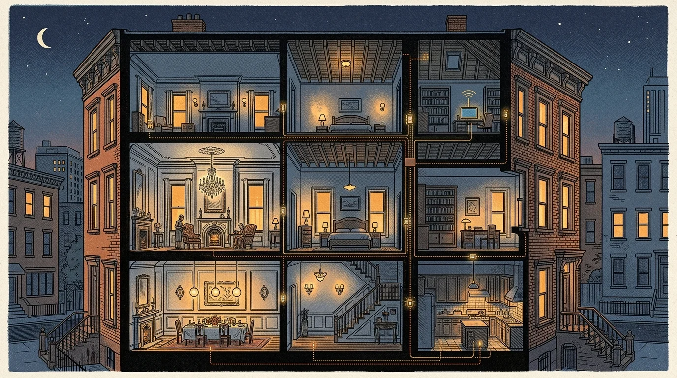 Cutaway illustration of a three-story brownstone showing glowing rooms and wired connections linking switches across floors.