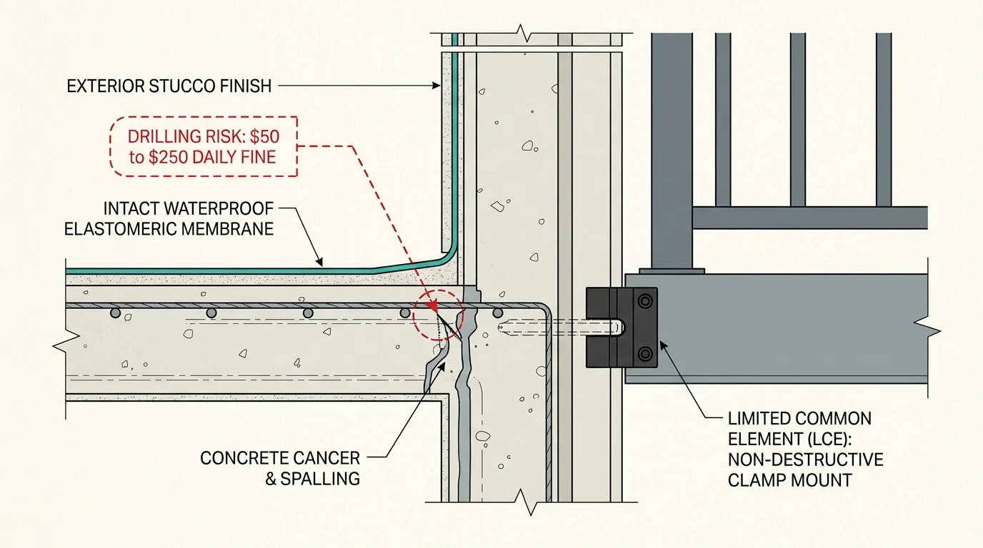 Architectural diagram showing balcony slab layers, drilling damage risks, and a non-destructive clamp mount on a railing.